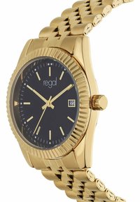 Gold-tone wristwatch with a textured bezel, black dial, gold hour markers, date window at 3 o’clock, and a linked bracelet band.