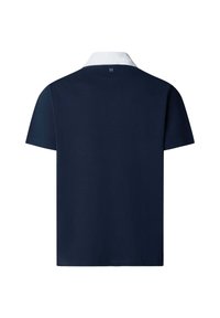 Polo bleu marine à manches courtes avec col blanc contrastant et petit logo blanc "H" centré sous le col à l'arrière.