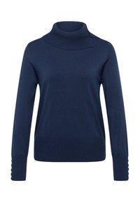 Marineblauer Pullover mit einem gerippten Rollkragen, figurbetontem Schnitt und strukturierten Bündchen mit Knopfakzenten. Strickstoff mit glatter Oberfläche.