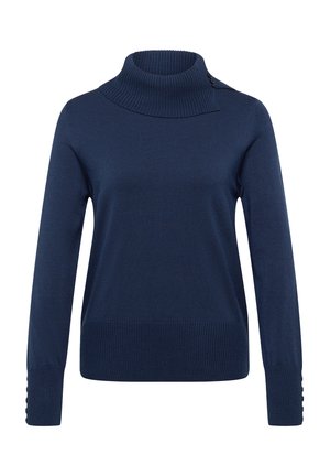 Marineblauer Pullover mit einem gerippten Rollkragen, figurbetontem Schnitt und strukturierten Bündchen mit Knopfakzenten. Strickstoff mit glatter Oberfläche.