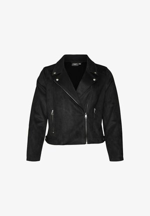 Veste de moto en faux suède noir avec un col cranté, des accessoires en argent, des poches zippées et une silhouette cintrée.