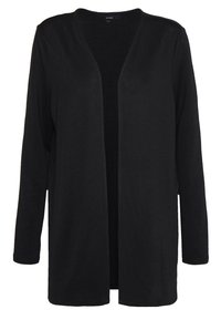 Černý cardigan s dlouhým rukávem a otevřeným předním dílem, vyrobený z texturované látky. Má jednoduchý design a rovný střih bez zapínání.