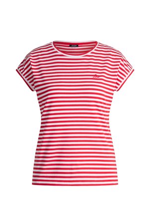 Czerwono-biała T-shirt z krótkim rękawem w poziome paski, z okrągłym dekoltem i małym haftowanym logo na lewej piersi.