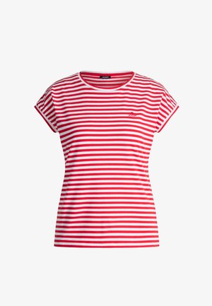 Rood-wit gestreept T-shirt met korte mouwen, ronde hals en een klein geborduurd logo op de linkerborst.