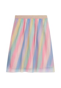Faltrock mit einem farbigen Muster in Pastelltönen von Rosa, Blau, Gelb und Grün. Mit einem schimmernden goldenen Bund abgeschlossen.