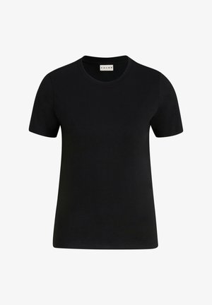 Zwart T-shirt met korte mouwen, gemaakt van gladde stof, met een ronde halslijn en een getailleerde pasvorm. Gekoppeld aan lichtbruine broek.