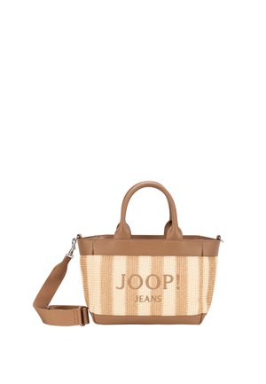 Torba na ramię w beżowo-brązowe paski z podwójnymi uchwytami, odpinanym paskiem na ramię oraz logo "JOOP! JEANS" na przodzie.