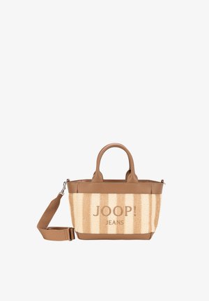 Beige-gestreifte Tragetasche mit zwei Griffen, abnehmbarem Schulterriemen und "JOOP! JEANS"-Logo auf der Vorderseite.