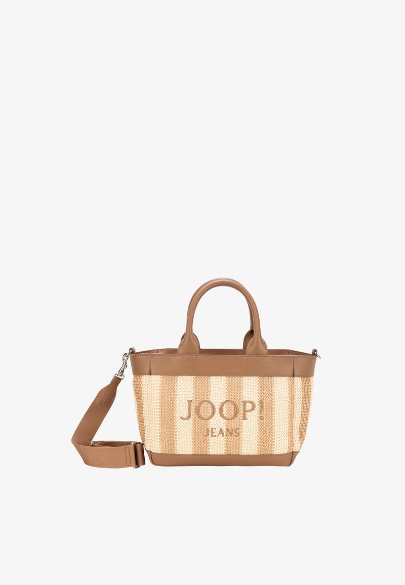 Beige-gestreifte Tragetasche mit zwei Griffen, abnehmbarem Schulterriemen und "JOOP! JEANS"-Logo auf der Vorderseite.