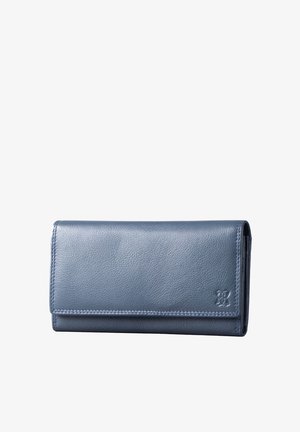 Leather wallet in a soft, textured blue. Features a flap closure, with contrast stitching and a logo embossed on the front.