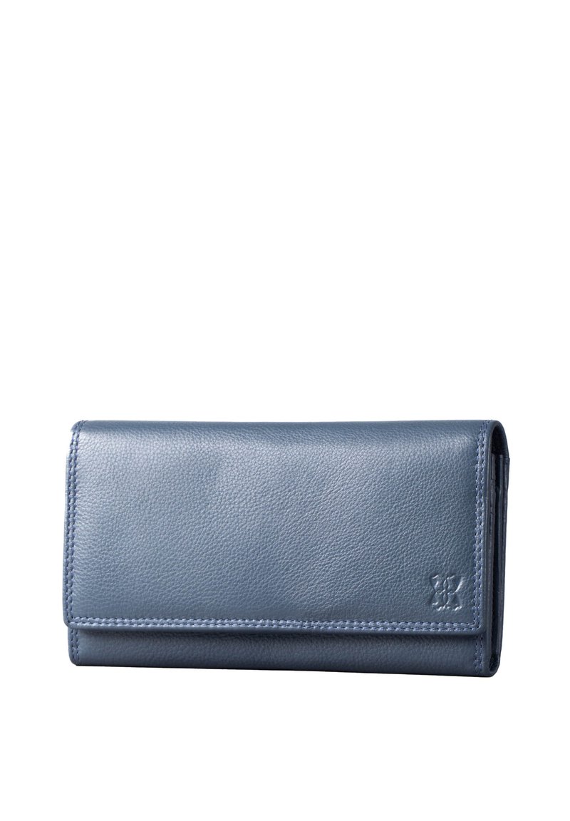 Leather wallet in a soft, textured blue. Features a flap closure, with contrast stitching and a logo embossed on the front.