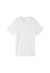 Weißes T-Shirt mit kurzen Ärmeln aus weicher Baumwolle. Verfügt über einen klassischen Rundhalsausschnitt und ein einfaches, nahtloses Design ohne Muster oder Akzente.