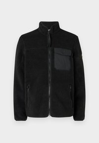 Fekete polár cipzáros dzseki magas gallérral, texturált anyagból, két oldalzsebbel és egy mellkasi zsebbel gombos záródással.