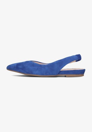 Ballerines bleues en daim avec un bout pointu, semelle plate et détail élastique au niveau du talon. Texture lisse et design minimaliste.