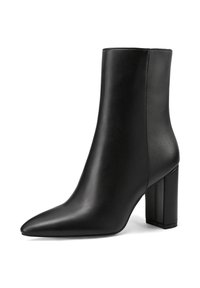 Stivale alla caviglia in pelle nera con punta affusolata, tacco quadrato e spesso, texture liscia e design senza cuciture. Nessuna parte metallica o decorazioni visibili.