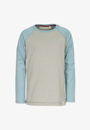 Pitkähihaine paita, jossa on vaaleanharmaa runko ja teal-väriset raglan-hihat. Valmistettu pehmeästä kankaasta, jossa on pyöreä kaula-aukko ja ommellut saumat.