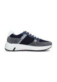 Sneaker con una tomaia in rete e suede blu navy e grigia, caratterizzati da un tallone bianco, accenti di pannelli grigi, lacci bianchi e una suola ammortizzata.