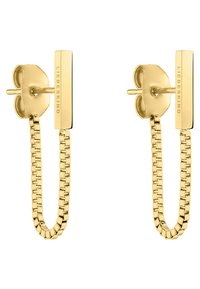 Gouden oorbellen met een rechthoekige achterkant en een schakellinkontwerp, waardoor ze een strakke en moderne uitstraling hebben. Merkl logo gegraveerd.