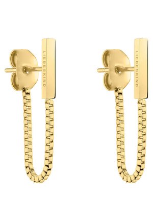 Goldfarbene Ohrringe mit einem rechteckigen Rücken und einem Kettenlinkdesign, die einen eleganten und modernen Look erzeugen. Mit eingraviertem Markenlogo.