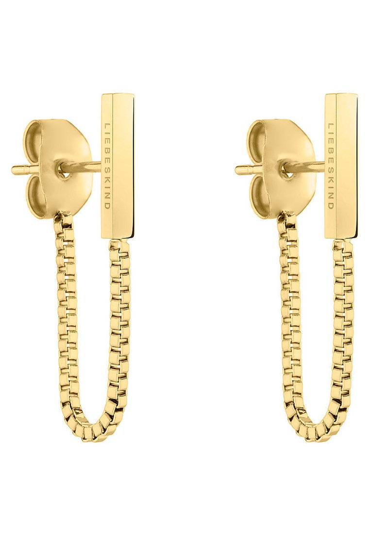 Gouden oorbellen met een rechthoekige achterkant en een schakellinkontwerp, waardoor ze een strakke en moderne uitstraling hebben. Merkl logo gegraveerd.