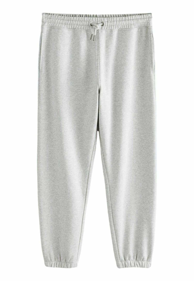 Hellgraue Jogginghose mit elastischem Bund, verstellbarem Kordelzug, Seitentaschen und elastischen Bündchen an den Knöcheln.