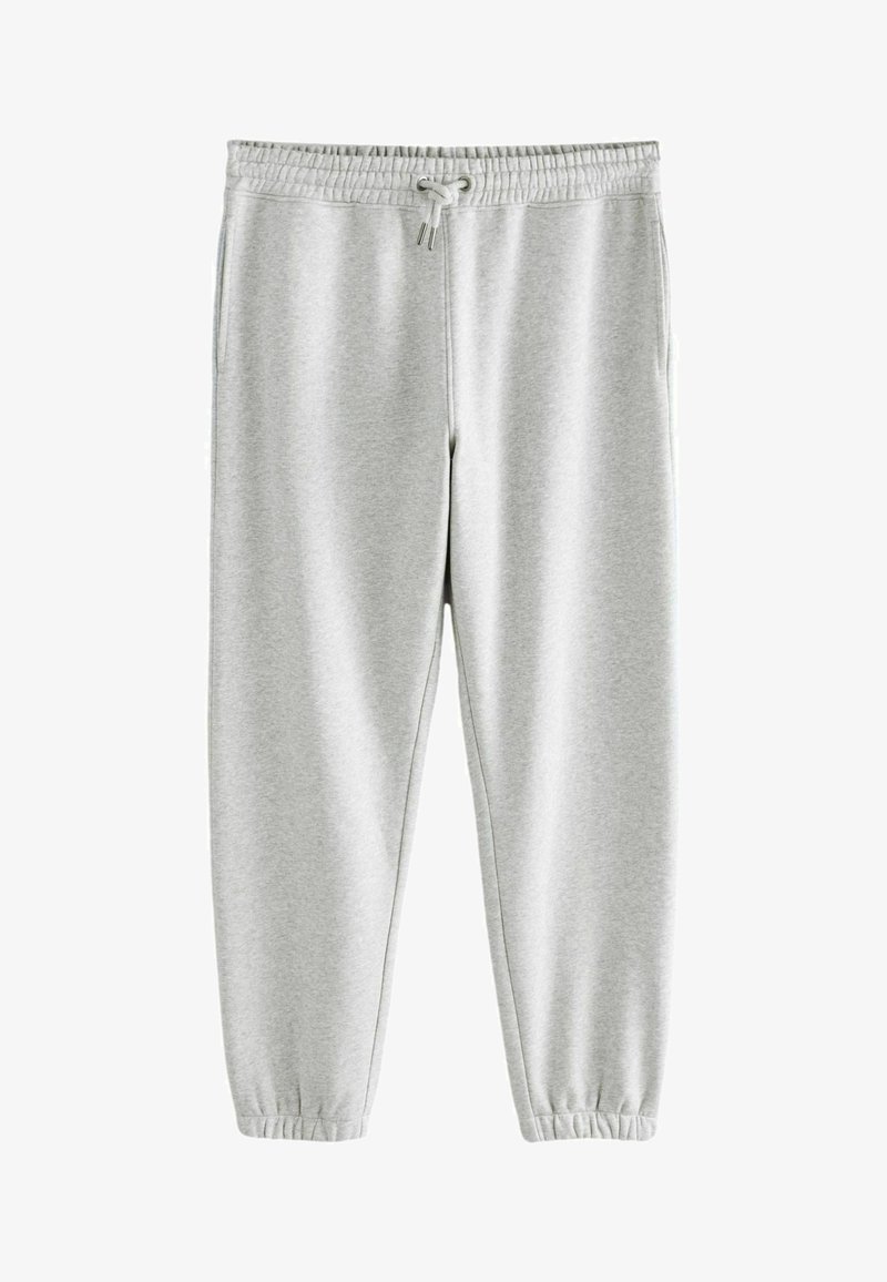 Light grey sweatpants with elastic waistband, adjustable drawstring, side pockets, and elastic cuffs at ankles.