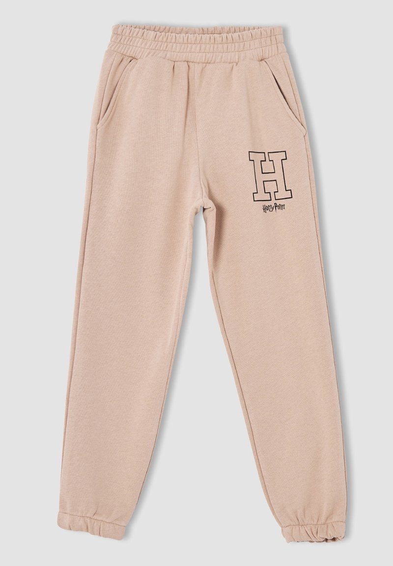 Beige Jogginghose mit elastischem Bund und Bündchen, Seitentaschen sowie einem schwarzen, umrandeten "H" mit dem Schriftzug "Harry Potter" am oberen linken Bein.