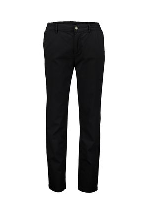 Pantaloni neri a gamba dritta con chiusura a bottone e cerniera, passanti per cintura e sezioni in vita elasticizzate.