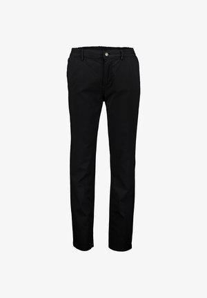 Black straight-leg pants with button and zipper closure, belt loops, and elasticated waistband sections.