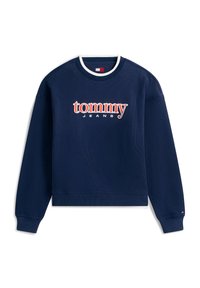 Μπλε ναυτικό ριμπ φούτερ με λαιμόκοψη crew, μακριά μανίκια και υπερμεγέθη λογότυπο "tommy JEANS" σε κόκκινο και λευκό στο στήθος.