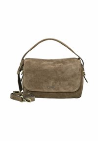 Sac à main en daim marron avec fermeture à rabat, poignée supérieure, bandoulière amovible et réglable, et petit logo de la marque en métal à l'avant.