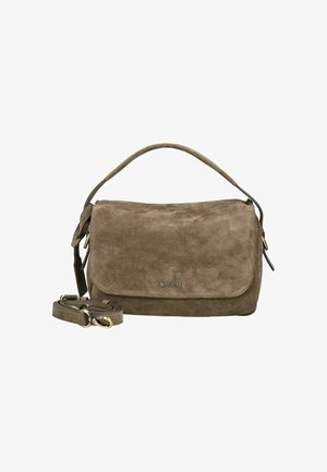 Brown suede shoulder bag with flap closure, top handle, detachable adjustable strap, and small metal brand logo on front.