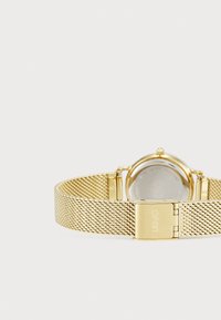 Gold-Ton-Uhr mit einem strukturierten Mesh-Armband und einem sicheren Verschluss. Das runde Gehäuse hat eine glatte Rückseite, was auf Wasserdichtigkeit hinweist.