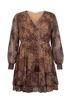 Bruin-beige jurk met luipaardprint, lange mouwen, V-hals, elastische manchetten, taillekoord met kwastjes en een gelaagde zoom.