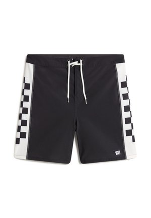Sorte badeshorts med hvidt sidepanel med ternet mønster, snørelukning og Vans-logo på nederste højre side.