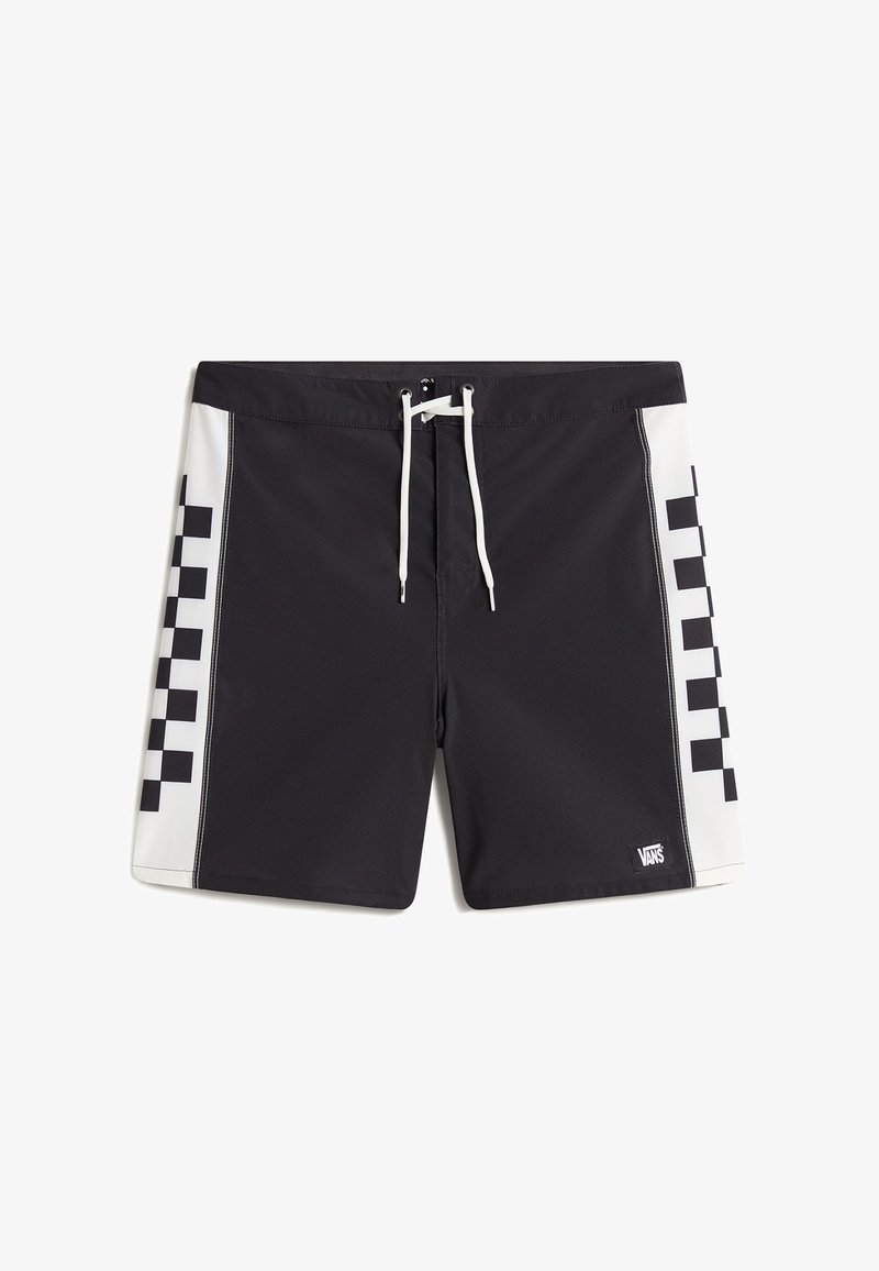 Shorts de bain noirs avec un panneau latéral blanc présentant un motif à damier, fermeture à cordon et logo Vans sur le bas à droite.