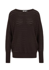 Pull marron à coupe ample, présentant des motifs à rayures horizontales et des poignets côtelés. Le matériau semble tricoté avec une texture douce.