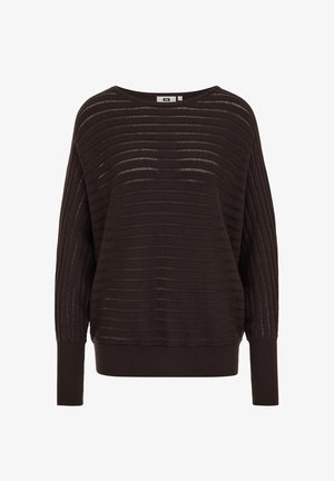 Rjav pulover ohlapnega kroja z vodoravnimi črtastimi vzorci in rebrastimi manšetami. Material je videti pleten z mehko teksturo.