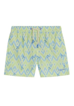 Bañador corto verde claro con patrón de zigzag azul, pequeña calavera y huesos cruzados, cintura elástica, cordón blanco y logo de "Scalpers".