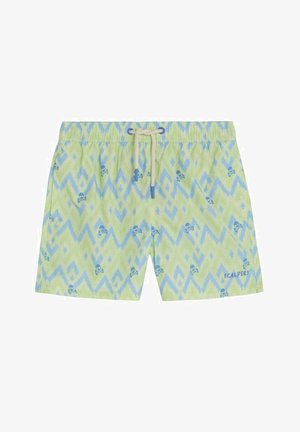 Bañador corto verde claro con patrón de zigzag azul, pequeña calavera y huesos cruzados, cintura elástica, cordón blanco y logo de "Scalpers".