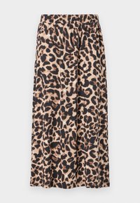 Jupe en imprimé léopard beige et noir, fabriquée en tissu léger. Dispose d'une taille élastique et d'un design fluide en A.