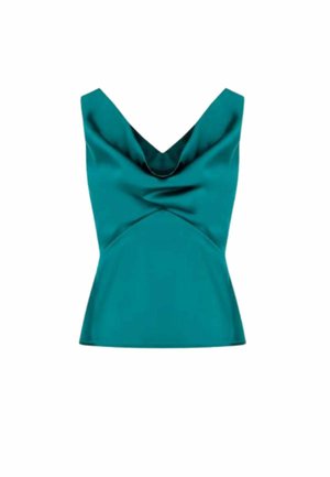Top senza maniche in raso turchese con scollo a cappuccio profondo e vita aderente, caratterizzato da leggere drappeggiature e una texture liscia e lucida.