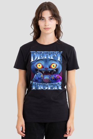 Young woman wearing black t-shirt with colorful cartoon tiger faces and the text "DERPY TIGER" on front, standing against a plain background.