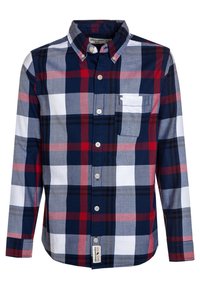 Koszula z guzikami, wykonana z bawełny w kratę w kolorach granatowym, czerwonym, szarym i białym. Posiada naszywaną kieszeń oraz kołnierzyk, długie rękawy.
