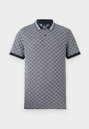 Polo grigia con motivo geometrico scuro, colletto nero e bordi delle maniche, chiusura con due bottoni, etichetta del marchio all'interno del colletto.