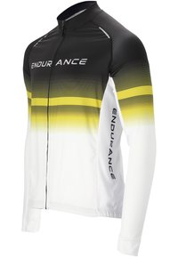 Langarm-Radsporttrikot in Schwarz, Weiß und gelbem Verlauf mit horizontalen Streifen, versehen mit dem Text „ENDURANCE“ auf der Vorderseite und dem Ärmel.