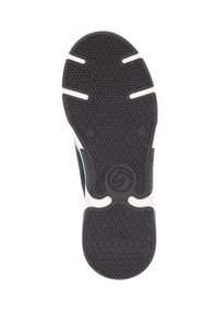 Semelle de chaussure en caoutchouc noir avec des motifs de texture, accents blancs sur les côtés, et un logo rond au centre.
