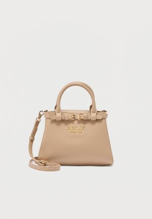 Bolso de cuero beige con asas superiores, correa para el hombro desmontable, detalles de hebilla dorada y logo en relieve "REPLAY SINCE 1981".