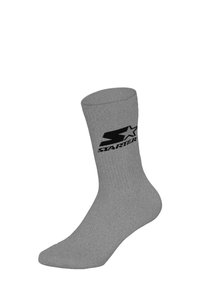 Graue gerippte Socke mit einem schwarzen "Starter"-Logo und einem Stern-Design auf der Außenseite. Das Material wirkt weich und elastisch.