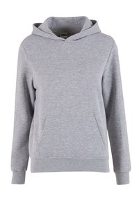 Sivá mikina s kapucňou vyrobená z jemného materiálu, s predným vreckom, sťahovacou kapucňou a rebrovanými manžetami a spodným lemom. Klasický voľný strih.